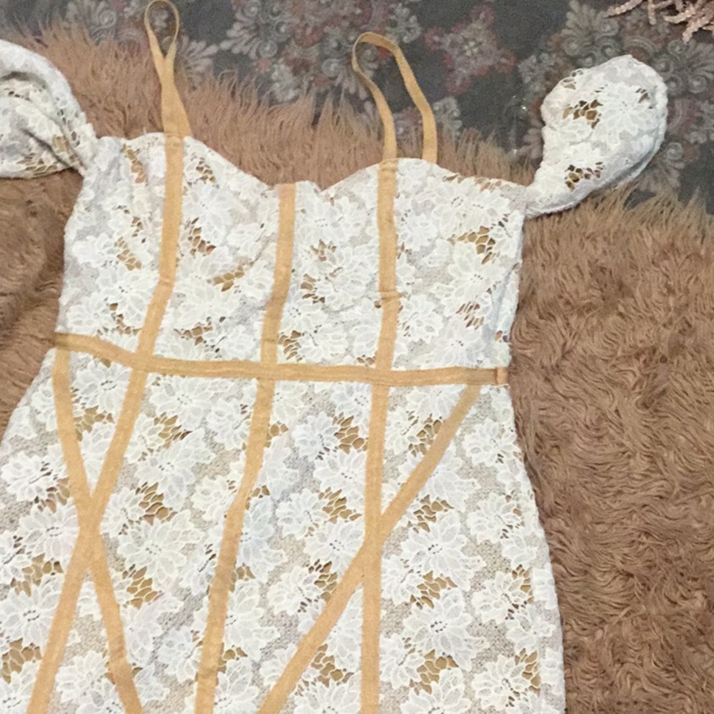 White and tan lace dress